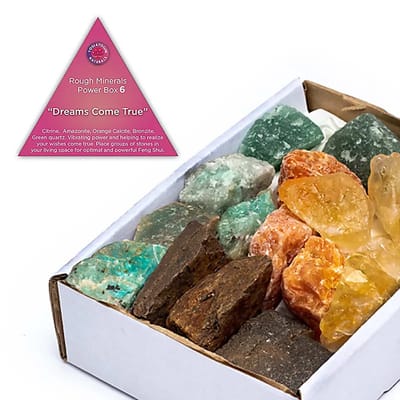 Power gift box 6 Dreams come true edelstenen Ruwe Citrien (gebrande amethist), amazoniet, oranje calciet, bronziet & groene kwarts