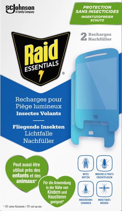 Raid – vliegende insecten lichtval Navulling - Geurloos - Val voor muggen, motten en fruitvliegen – zonder insecticiden – 2 Navullingen - Excl. stekker