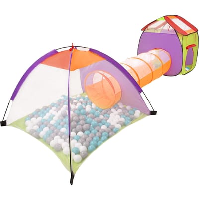 Selonis 3in1 speeltent met tunnel speeltuin popup ballenbad met 100 ballen voor kinderen, veelkleurig:grijs/wit/turquoise
