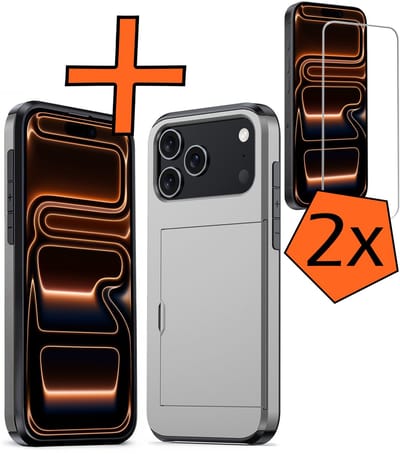 Hoesje Geschikt voor iPhone 17 Pro / 18 Pro Hoesje Pasjeshouder Shockproof Hard Case Met 2x Screenprotector - Hoesje Geschikt voor iPhone 17 Pro / 18 Pro Hoes Met Kaarthouder - Grijs