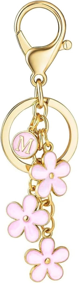 Schattige Sleutelhanger met Letter en Roze Bloem, Perfect voor Handtassen en Rugzakken, Vrouwenaccessoire