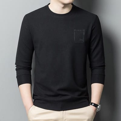 T-shirt à Manches Longues de Printemps Homme Sous-vêtement Hauts Col Rond T-shirt Jeune et d'Âge Moyen Décontracté Gaufre T-shirt Homme XL black