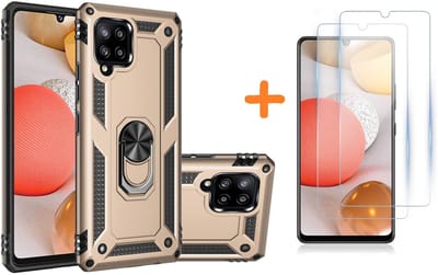 Hoesje Geschikt Voor Samsung Galaxy A42 5G Hoesje Armor case Ringhouder TPU cover - Goud met 2 pack screenprotector