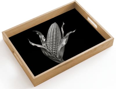Dienblad hout 40x30 cm - Schootdienblad - Maïskolf - Glanzend metaal - Elegant - Borrelplank rechthoek - Plateau dienbladen
