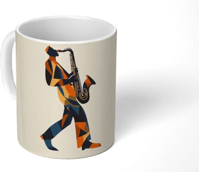 Mok - Koffiemok - Saxofoon - Abstract - Persoon - Blauw - Mokken - 350 ML - Beker - Koffiemokken - Theemok