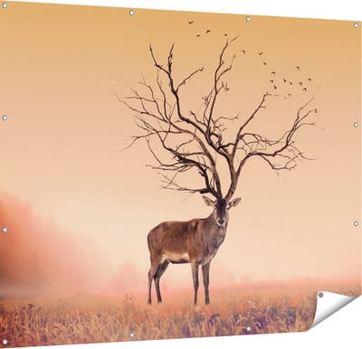 Gards Tuinposter Hert met een Bomen Gewei - 150x120 cm - Tuindoek - Tuindecoratie - Wanddecoratie buiten - Tuinschilderij