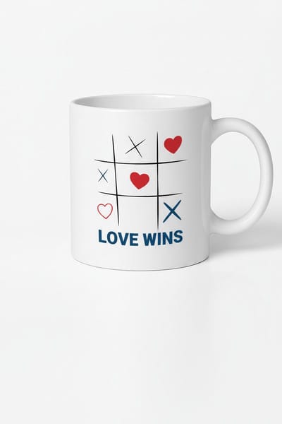 Love Wins Mok - Romantische Tic-Tac-Toe Beker met Hartjes | Valentijn Cadeau Liefde Wint