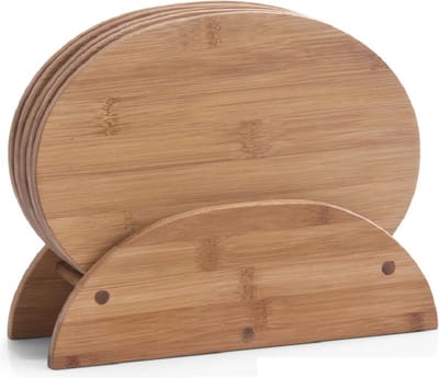 Zeller Broodplankjes met houder - 6x stuks - ontbijtplankjes - bamboe - 24x18 cm - ovaal - snijplanken