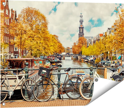 Gards Tuinposter Amsterdamse Brug bij een Brug met Fietsen - 80x60 cm - Tuindoek - Tuindecoratie - Wanddecoratie buiten - Tuinschilderij