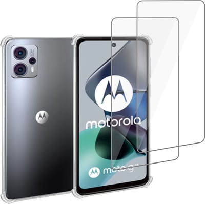Geschikt voor Motorola Moto G13 / G23 Hoesje + 2x Screenprotector – Gehard Glas Cover + Shock Proof Case – Transparant
