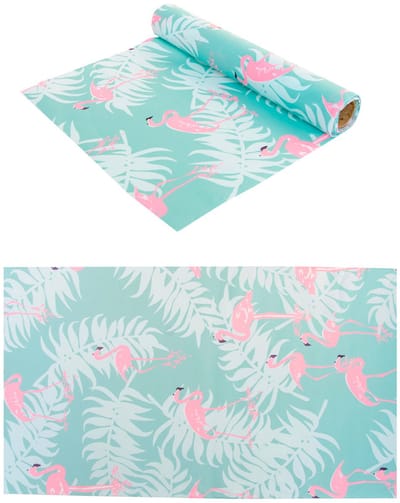 CHAKS - Tafelloper van pastelblauw vliesstof met flamingo's 28 cm x 5 m tropische decoratie