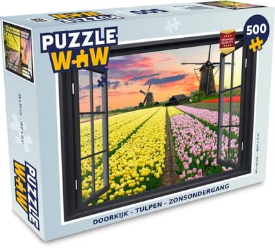 Puzzel Doorkijk - Tulpen - Zonsondergang - Legpuzzel - Puzzel 500 stukjes