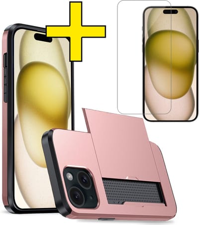 Hoesje Geschikt voor iPhone 15 Hoesje Case Pashouder Hard Cover Met Screenprotector - Hoes Geschikt voor iPhone 15 Hoesje Met Kaarthouder - Rosé goud