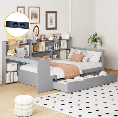 Komhtom Slaapbank van massief hout, 90*200 cm, met bureau, plank, vakken en legplanken, met stopcontact, met 2 grote vakken, multifunctioneel bed van hout, grijs
