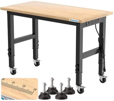 Trendique - Verstelbare Werkbank 122 cm - Werktafel met Wielen - Heavy Duty Werkbank - Rubberhout Werkblad - Werkbank met Stopcontacten - 900 kg