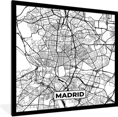 Fotolijst incl. Poster Zwart Wit- Madrid - Zwart Wit - Stadskaart - Plattegrond - Kaart - 40x40 cm - Posterlijst