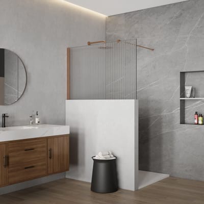 FugaFlow Eccelente Vetro Halfhoge Inloopdouche - 110x80cm - ribbelglas - 8mm - nano - met profiel en stabilisatiestang - geborsteld koper PVD (Koper)