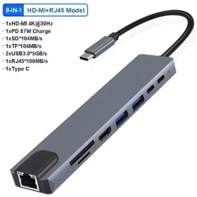Hub USB C 8 en 2 USB 3.0 Type C Station d'accueil 5 Gbps Transmission haute vitesse Répartiteur USB Adaptateur USB Type C vers USB OTG 8 in 1 gray