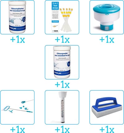 Zwembad Onderhoudspakket - Onderhoud Zwembad - bevat Chloor - Testrips - Chloordrijver - Chloor - Schoonmaakset - Thermometer en Scrubborstel (7-delig)
