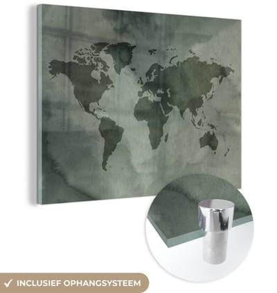 ® Glasschilderij 160x120 cm - Schilderij acrylglas - Wereldkaart - Grijs - Waterverf - Foto op glas - Muurdecoratie woonkamer - Wanddecoratie slaapkamer - Schilderijen