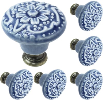 Furniture Knobs Set Grijsblauw Keramiek Rond met Bloem - 6x Kastknop met schroef - Vintage/Antiek handgreep voor deur en lade - grijs/blauw
