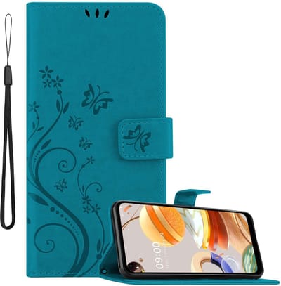 Cadorabo Hoesje geschikt voor LG K61 in Blauw - Beschermhoes in bloemmotief met magnetische sluiting, standfunctie en kaartsleuven Book Case Cover Etui