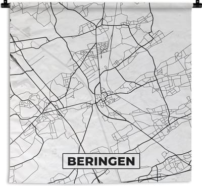 Wandkleed - Wanddoek - Zwart Wit – België – Plattegrond – Stadskaart – Kaart – Beringen - 180x180 cm - Wandtapijt