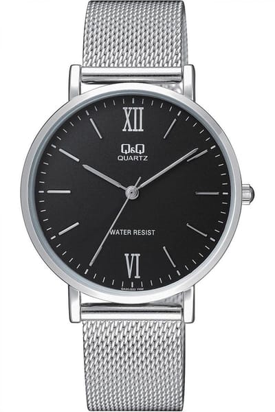 Q&Q QA20J222Y - Horloge - Analoog - Heren - Mannen - Milanese/Mesh band - Rond - Metaal - Cijfers - Zilverkleurig - Zwart - 3ATM