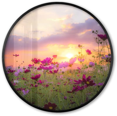 Poster in lijst Rond - Fotolijst 60x60 cm - Posters - Bloemen - Roze - Zonsondergang - Natuur - Weide - Horizon - Ronde posterlijst zwart - Decoratie - Wanddecoratie woonkamer - Muurdecoratie slaapkamer