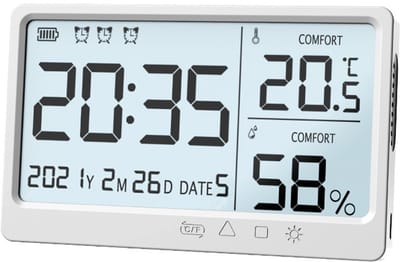 Slimme thermometer en hygrometer voor binnen - USB-oplaadbaar, zeer nauwkeurig digitaal display - Kalender en alarm - Psychrometer voor wandmontage - Wit