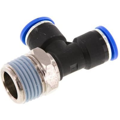 10mm x R1/2'' rechte hoek T-stuk Messing/PA 66 Insteekfitting Buitendraad Draaibaar NBR