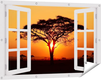 Gards Tuinposter Doorkijk Zonsondergang Achter een Savanne Boom - 120x80 cm - Tuindoek - Tuindecoratie - Wanddecoratie buiten - Tuinschilderij