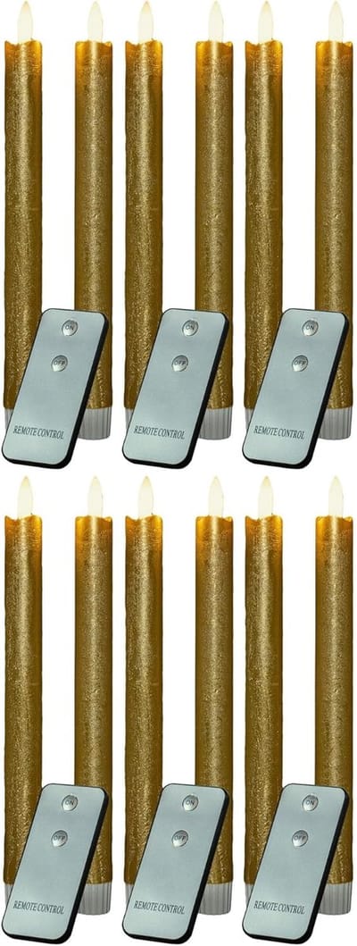 LED-kaarsen met timer GOUD 12 stuks voor binnen - 6 uur - ECHTE WAS 23 cm hoogte voor kaarsen 2,2 cm diameter 2 AAA-batterijen vereist LED-kaarsen set van 4 GOUD (drie keer) bewegende vlamlamp