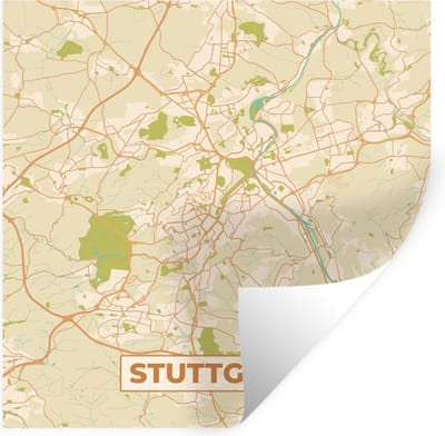 Muurstickers - Sticker Folie - Plattegrond - Stuttgart - Kaart - Stadskaart - Vintage - 100x100 cm - Plakfolie - Muurstickers Kinderkamer - Zelfklevend Behang XXL - Zelfklevend behangpapier - Stickerfolie