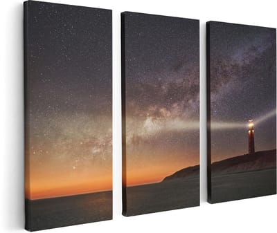 Artaza Canvas Schilderij Drieluik Vuurtoren Texel in de Nacht  - 120x80 - Foto Op Canvas - Canvas Print