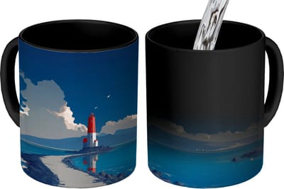 Magische Mok - Foto op Warmte Mokken - Koffiemok - Vuurtoren - Zee - Wolken - Magic Mok - Beker - 350 ML - Theemok