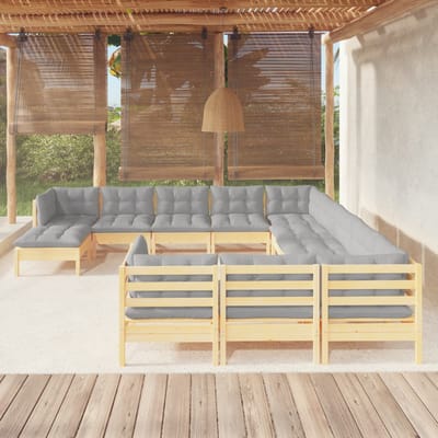 vidaXL - 12-delige - Loungeset - met - grijze - kussens - massief - grenenhout