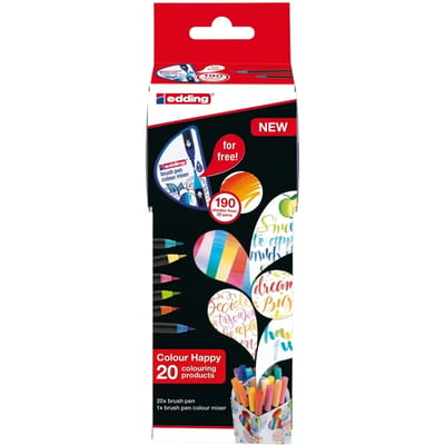 edding colour happy brushpennen assorti box - 20 brushpennen - flexibele penseelvorm - variabele punt - handige doos met 20 stuks brushpennen en een colourmixer