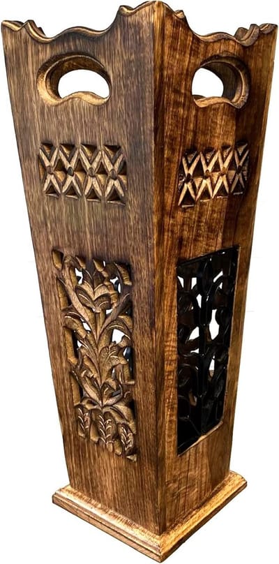 Houten Parapluhouder - Entree Meubel - Paraplu Opbergen - Gedetailleerd Metaalpatroon - 48cm Lengte - Houtkleur