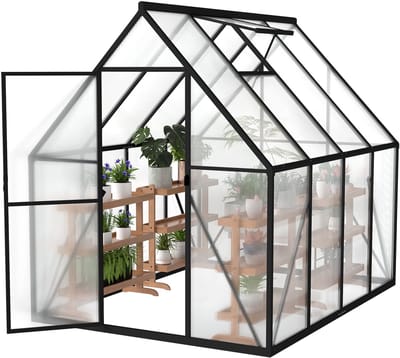 LZQ Premium kas van aluminium met loopdeur, versterkte fundering, dakraam en deur, weerbestendig en temperatuurbestendig voor tomaten, groenten en planten - 230x180x195cm