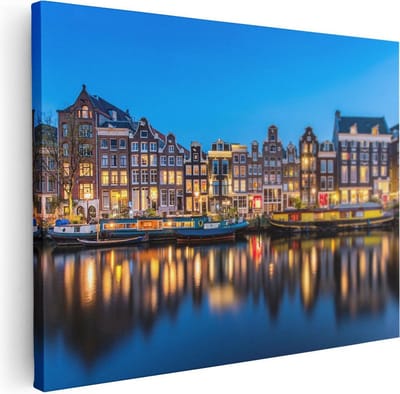 Artaza Canvas Schilderij Amsterdamse Grachten - 40x30 cm - Klein - Wanddecoratie Woonkamer - Muurdecoratie Boot - Kamer Accessoires