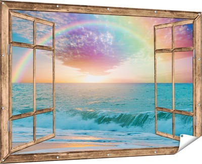 Gards Tuinposter Doorkijk Regenboog in het Water bij het Strand - 180x120 cm - Tuindoek - Tuindecoratie - Wanddecoratie buiten - Tuinschilderij