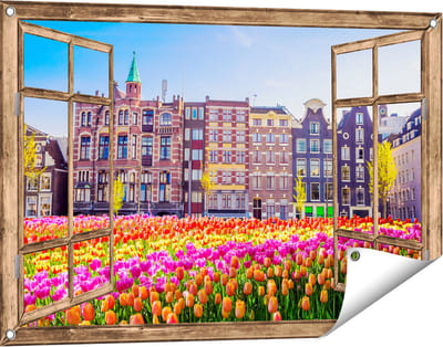 Gards Tuinposter Doorkijk Amsterdamse Huisjes met Tulpen - Kleur - 90x60 cm - Tuindoek - Tuindecoratie - Wanddecoratie buiten - Tuinschilderij