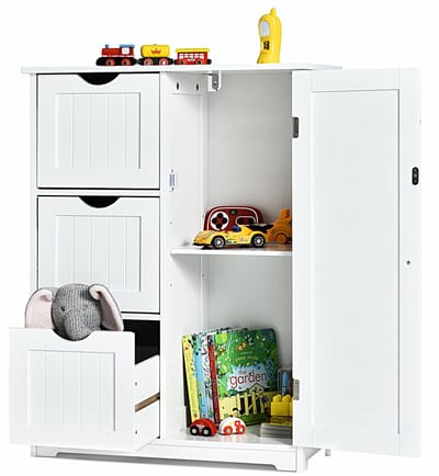 COSTWAY Badkamerkast, badkamerkast van hout met 3 laden en 1 deur, onderkast met 3 standen, verstelbare plank, opbergkast voor woonkamer, badkamer, 60 x 30 x 81 cm (wit)
