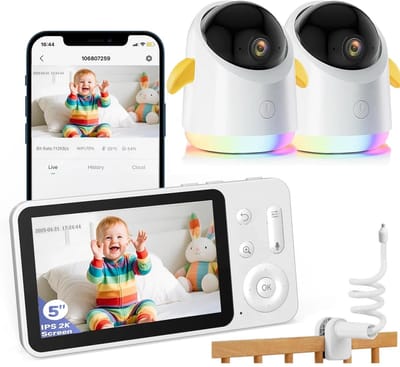 2K Babyfoon - Babyfoon met 2 Camera's - Op afstand bestuurbaar - 5 inch Scherm - Babyfoon Houder - Nachtlampje - Baby Monitor - 355° Horizontale en 120° Verticale