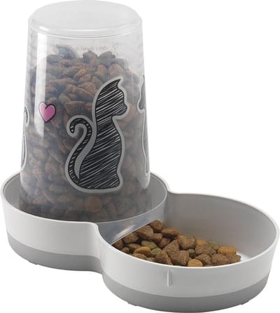 Automatische voerbak kat & hond – Drinkfontein - Flamingo Cats in Love Grijs & Wit – 1,5L – met speelballetje – voeder- en waterautomaat