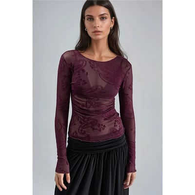 Aangesloten Lange Mouwen Flockprint Tulle Blouse