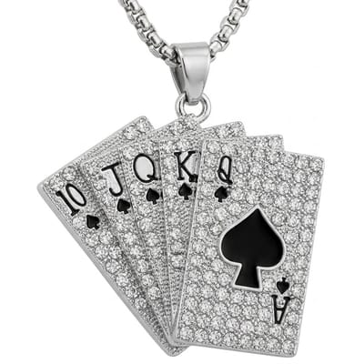 Zilverkleurige ketting met speelkaartenhanger voor heren – zwarte accenten – strass bezet – schakelketting – pokerdesign