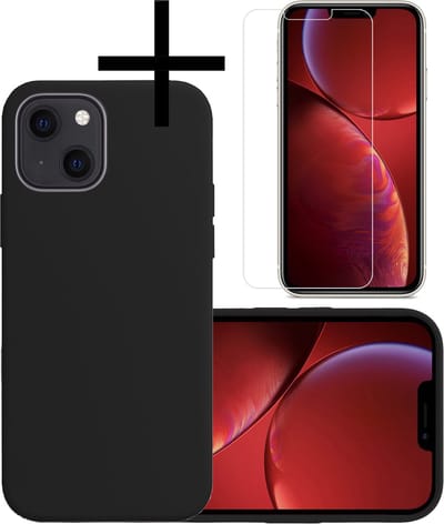 Hoesje - Met Screenprotector - Geschikt voor Apple iPhone 13 Mini - Sterk & Shockproof - Back Cover - Siliconen Case - Telefoon Hoes - Zwart