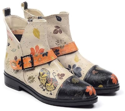 Goby Autumn Owls Dames Enkellaarsjes - Handgemaakt Vegan Leer - Maat 41